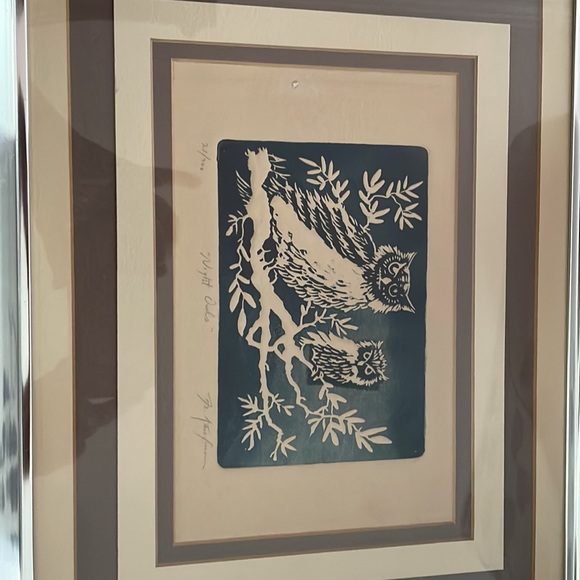 Night Owl print numbered and signed by artist. Blue and tan coloring. - Picture 2 of 5